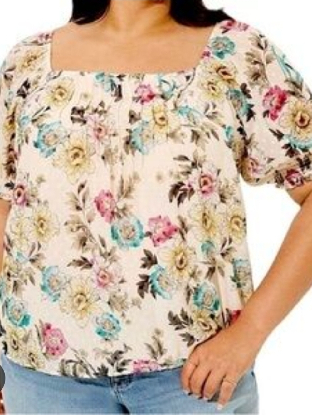 Torrid Size 4 Cream Colored Boho Blouse W/ Blue, Pink & Yellow Flowers